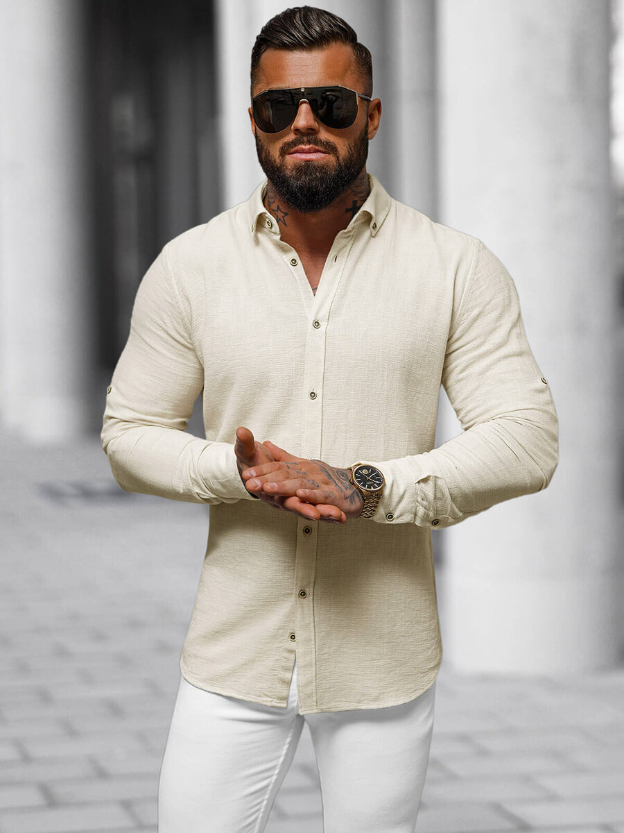 Ozonee Herren Hemd Beige OZONEE O/V91