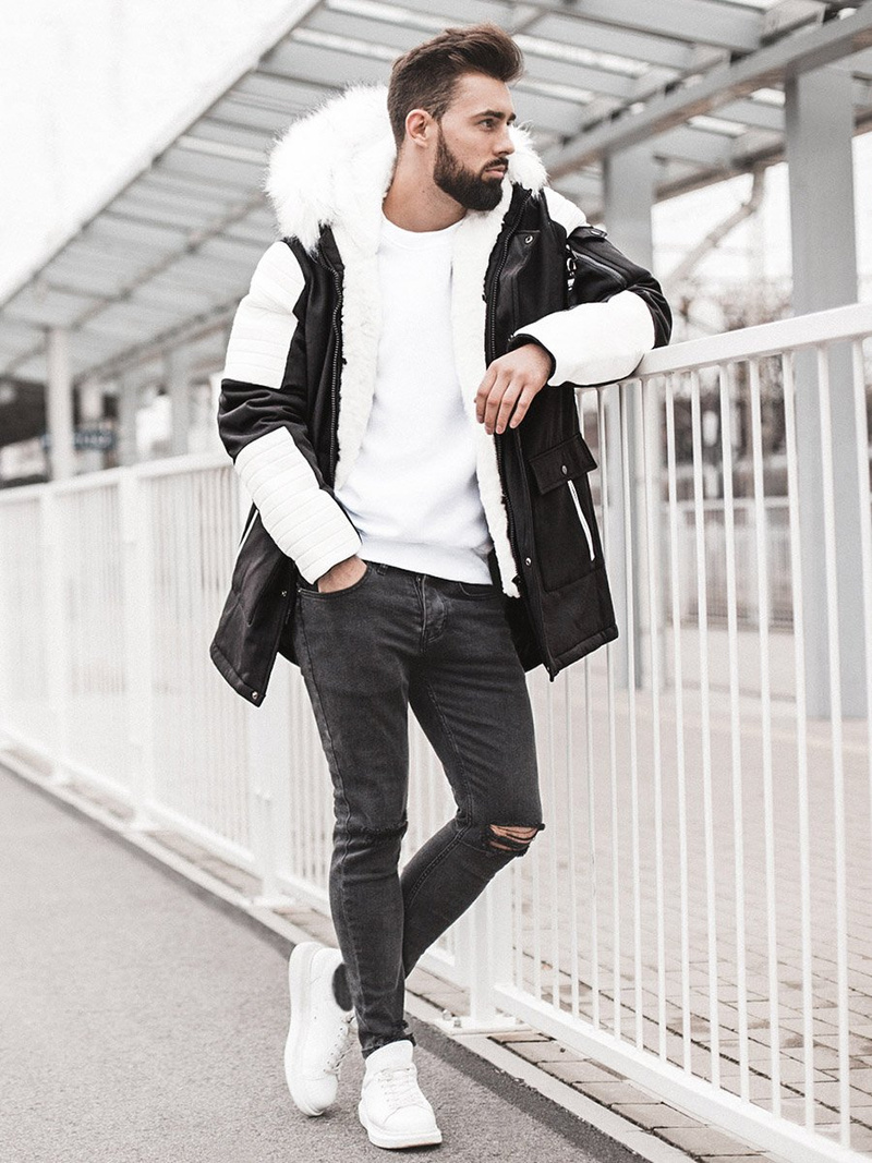 Herren Winterjacke Schwarz-Weiß OZONEE O/5832Z