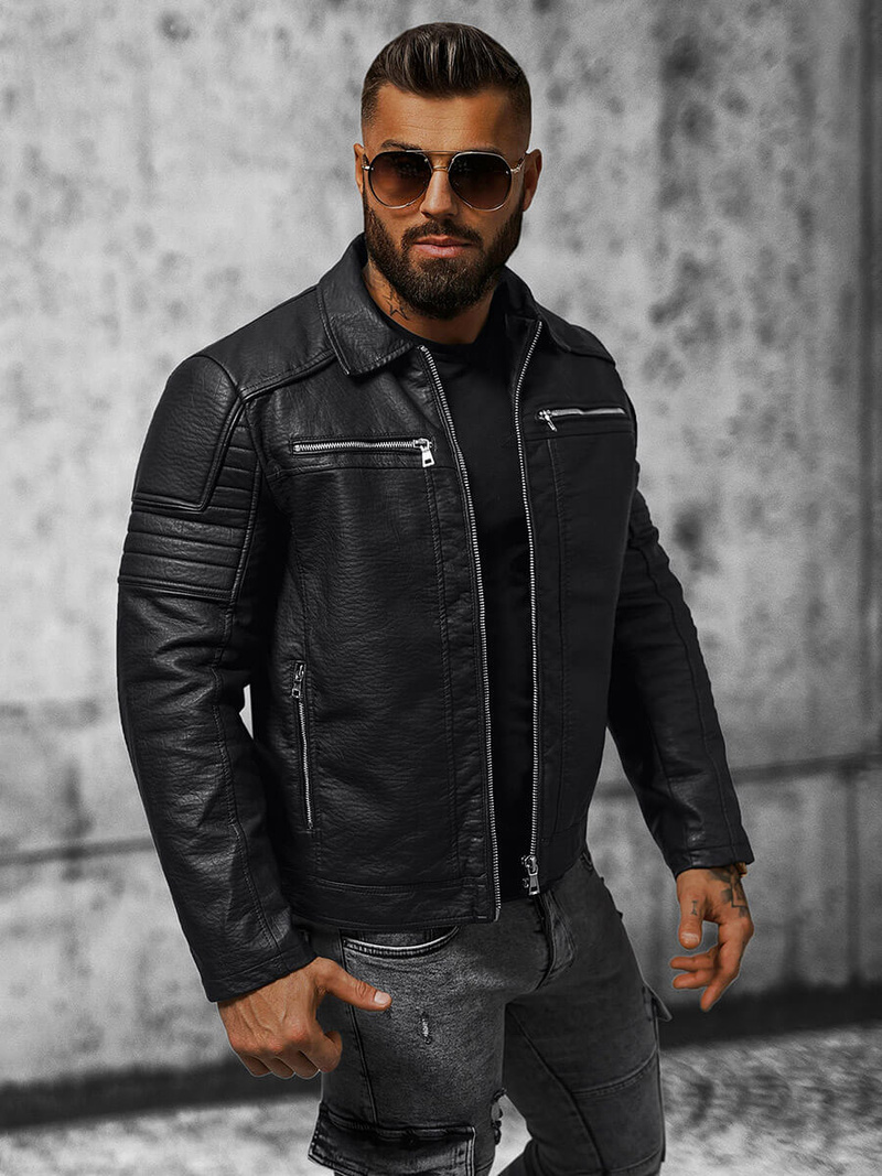 Herren Lederjacke Schwarz OZONEE JS/11Z8013Z