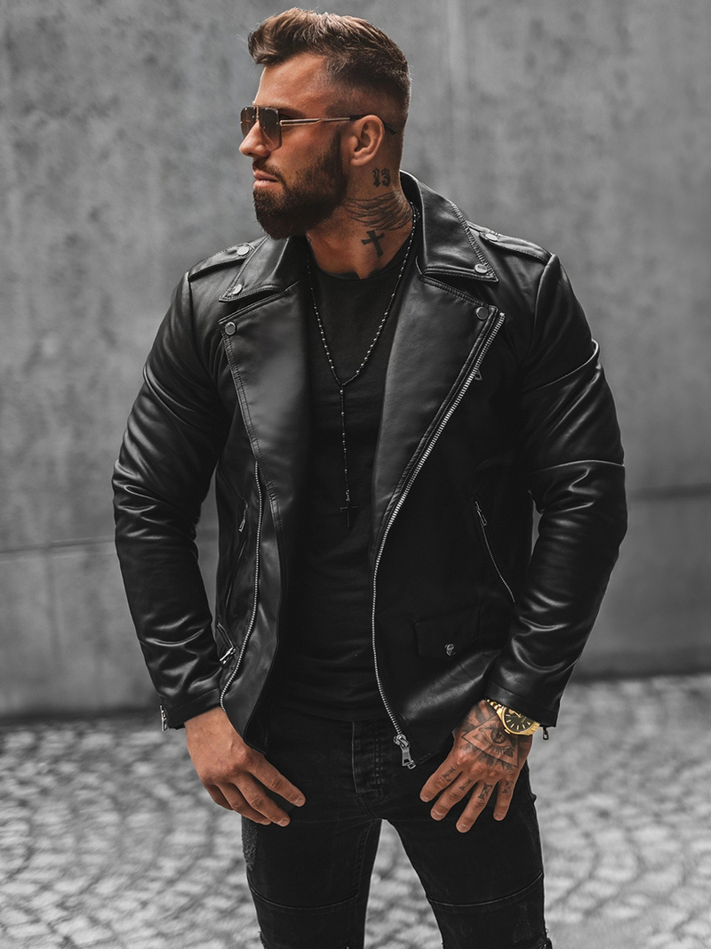 Herren Lederjacke Schwarz OZONEE JS/11Z8014