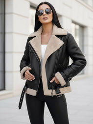 Damen Lederjacke Schwarz-Beige OZONEE JS/11Z8177Z