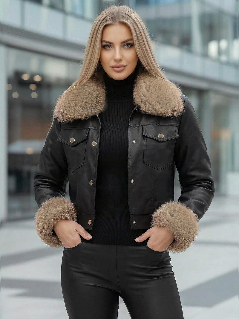 Damen Lederjacke Schwarz-Beige OZONEE JS/61M8513/392B