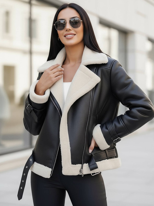 Damen Lederjacke Schwarz-Weiß OZONEE JS/11Z8177Z