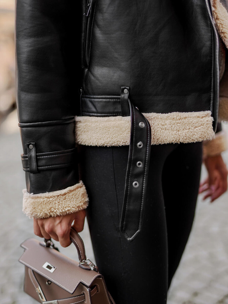 Damen Lederjacke Schwarz-Beige OZONEE JS/11Z8177