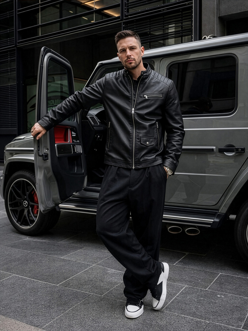 Herren Lederjacke Schwarz OZONEE JS/11Z8021