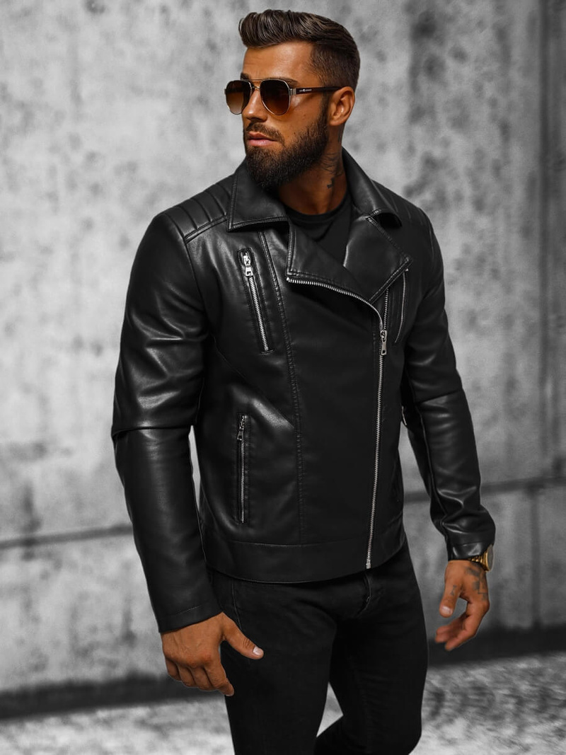 Herren Lederjacke Schwarz OZONEE JS/11Z8056