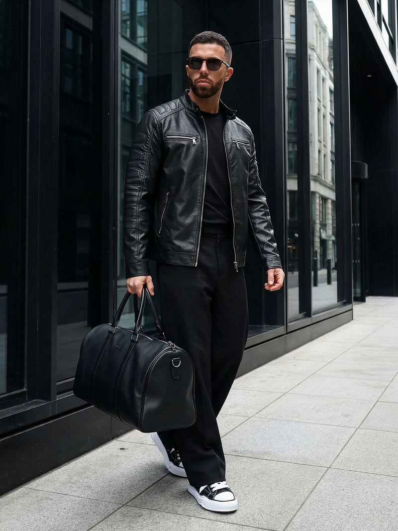 Herren Lederjacke Schwarz OZONEE JS/11Z8138