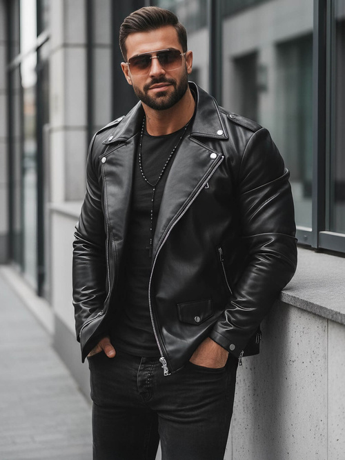 Herren Lederjacke Schwarz OZONEE JS/11Z8014Z