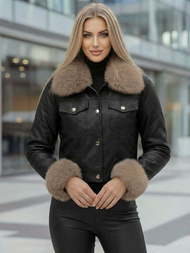 Damen Lederjacke Schwarz-Beige OZONEE JS/61M8513/392B