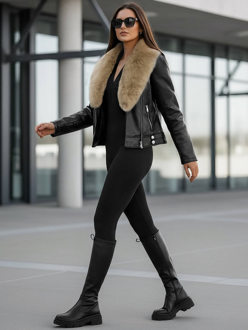 Damen Lederjacke Schwarz-Beige OZONEE JS/61M8508/392BZ