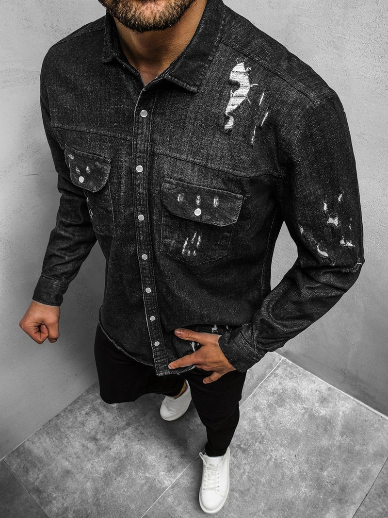 Herren Jeanshemd Schwarz OZONEE O/5811Z