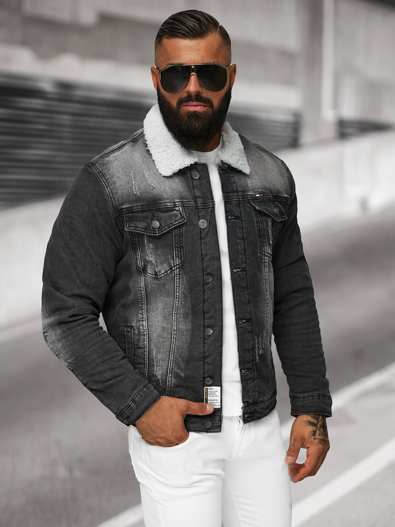 Herren Jeansjacke Sherpa Schwarz OZONEE NB/MJ513N