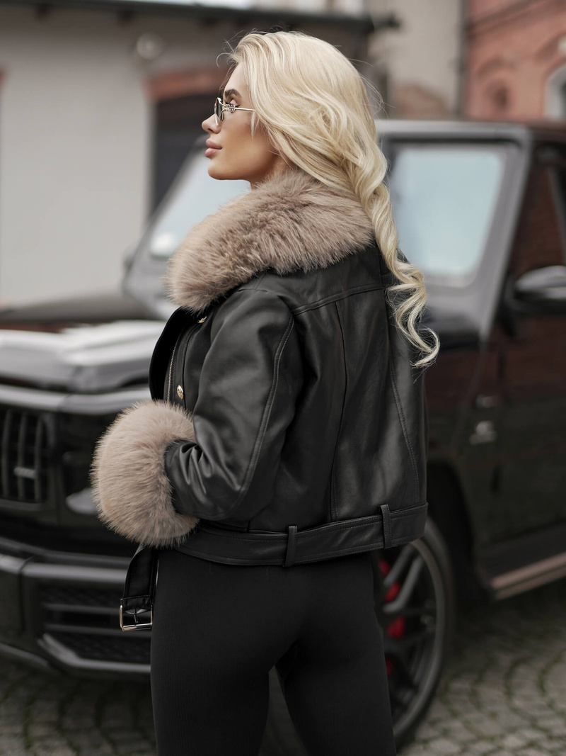 Damen Lederjacke Schwarz-Beige OZONEE JS/61M8512/392BZ