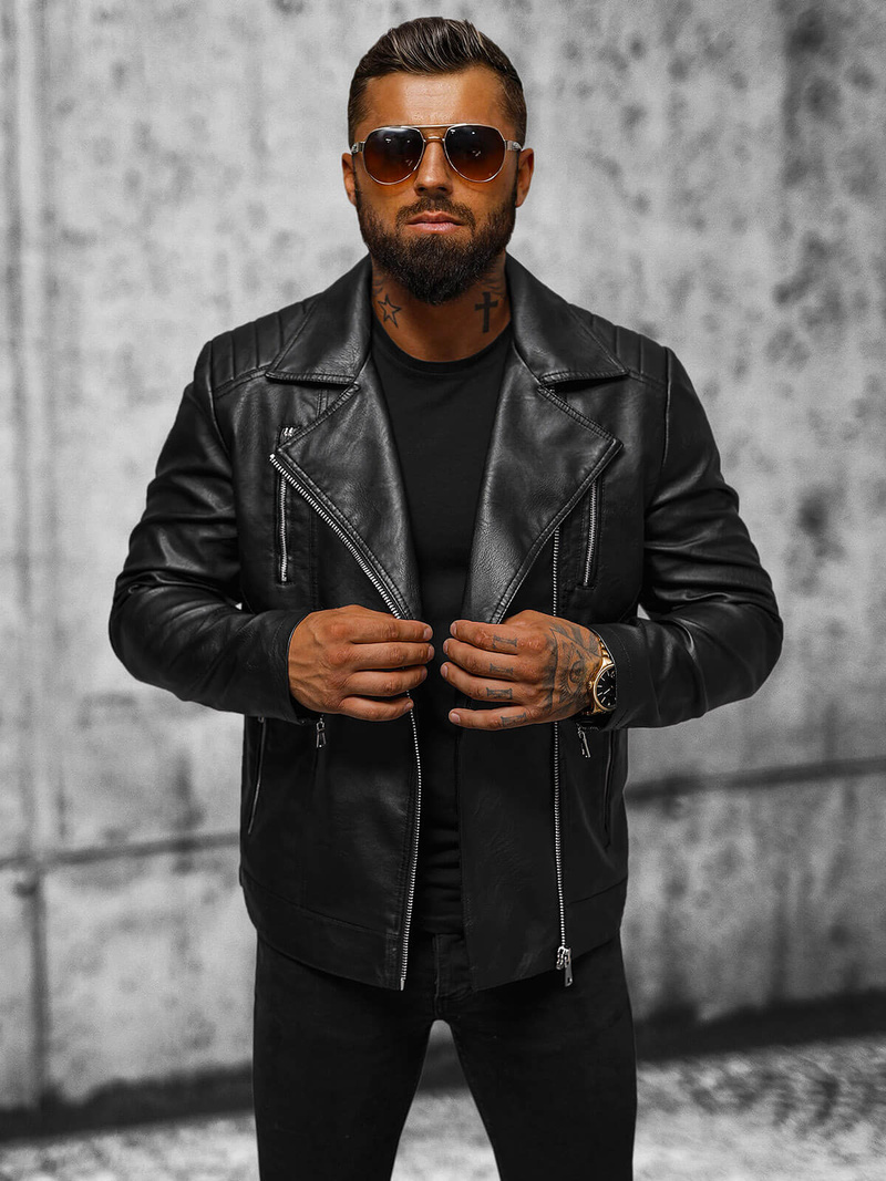 Herren Lederjacke Schwarz OZONEE JS/11Z8067