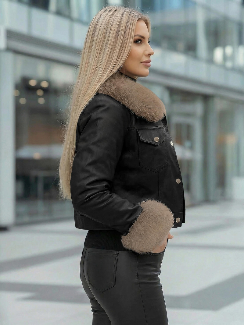 Damen Lederjacke Schwarz-Beige OZONEE JS/61M8513/392B