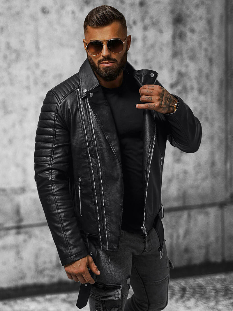 Herren Lederjacke Schwarz OZONEE JS/11Z8005Z