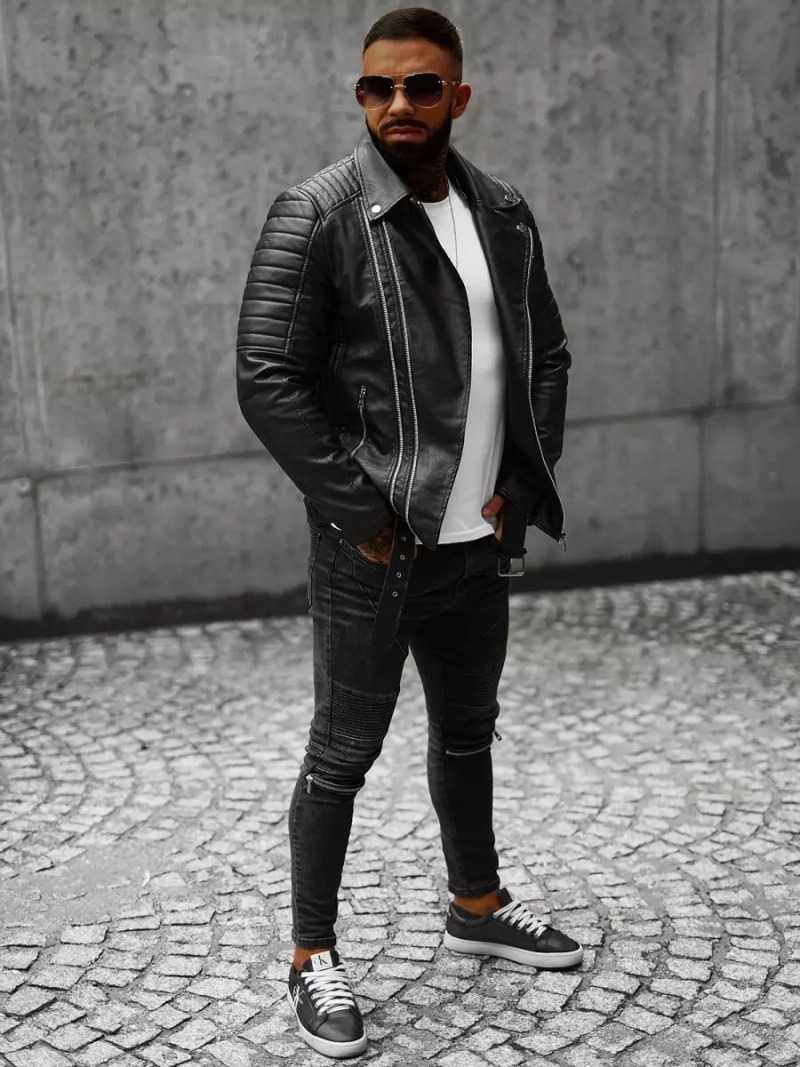 Herren Lederjacke Schwarz OZONEE JS/11Z8005