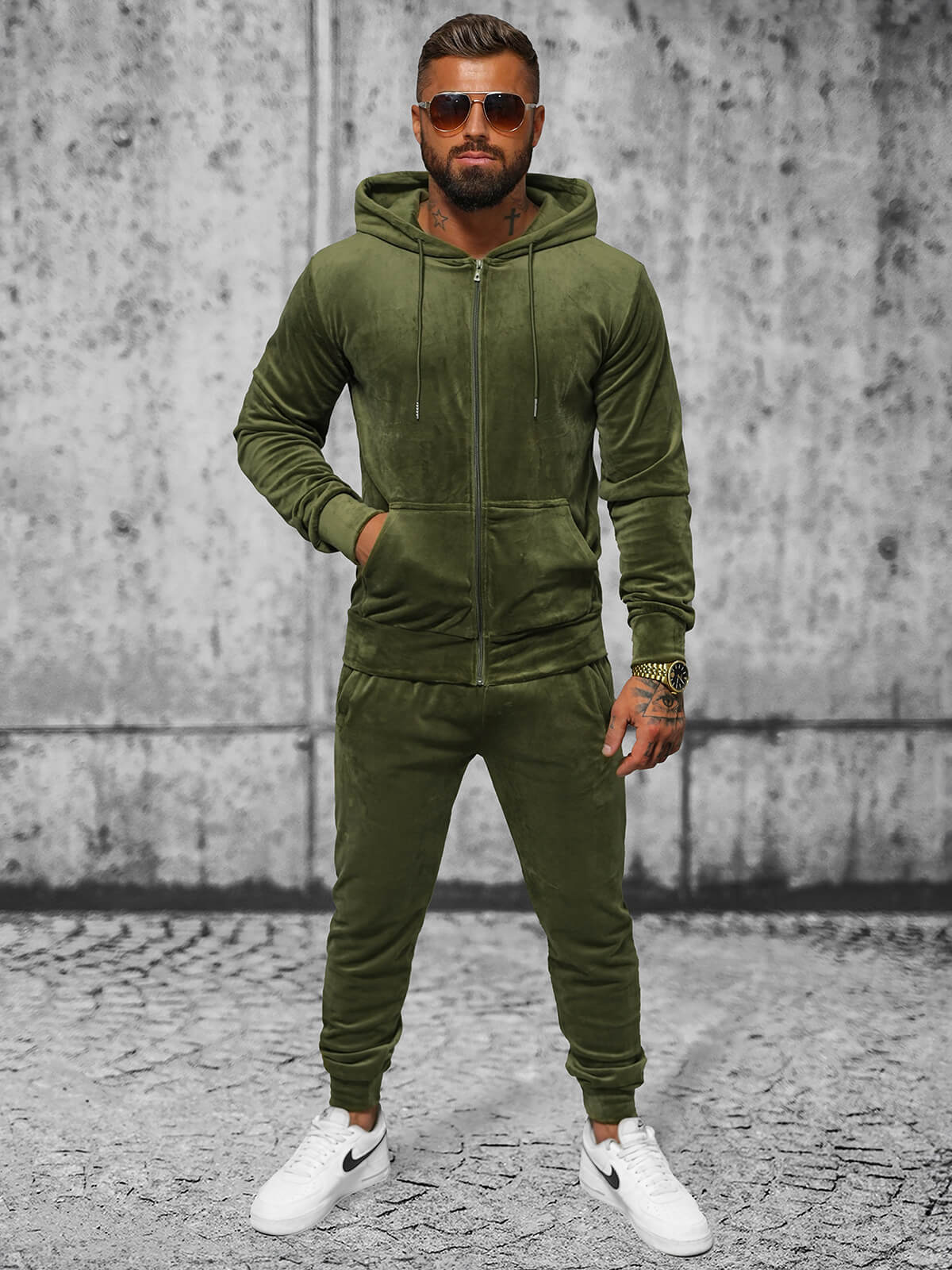 Herren Velours Sportanzug Khaki OZONEE JS/8C1169/29 OZONEE