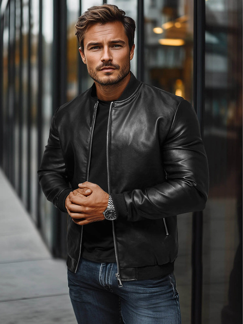 Herren Lederjacke Schwarz OZONEE JS/11Z8106Z