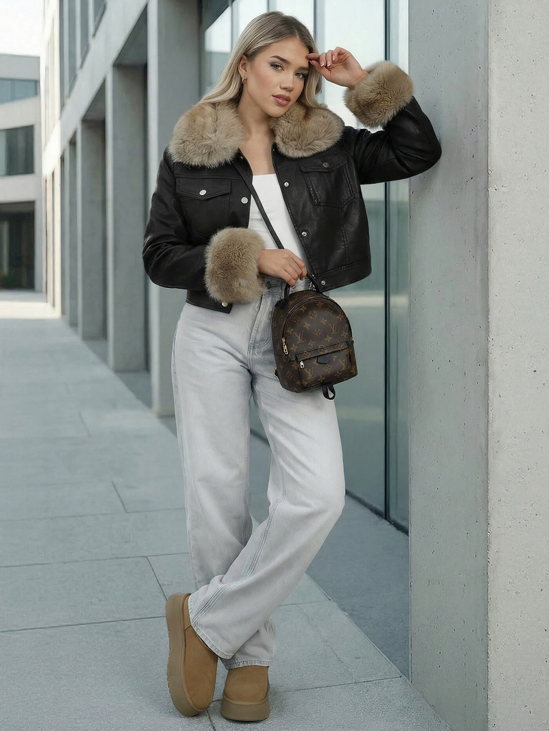 Damen Lederjacke Schwarz-Beige OZONEE JS/61M8513/392B