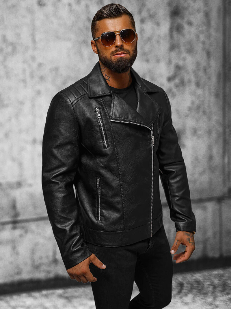 Herren Lederjacke Schwarz OZONEE JS/11Z8067