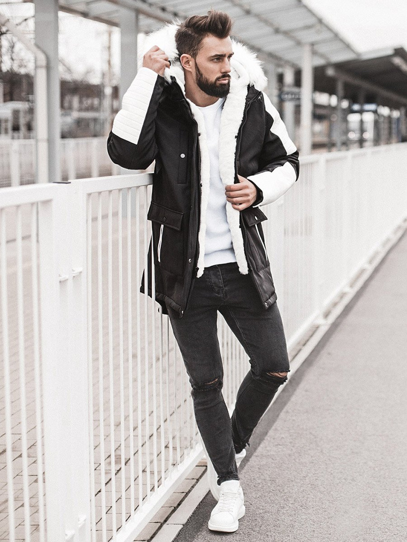 Herren Winterjacke Schwarz-Weiß OZONEE O/5832Z