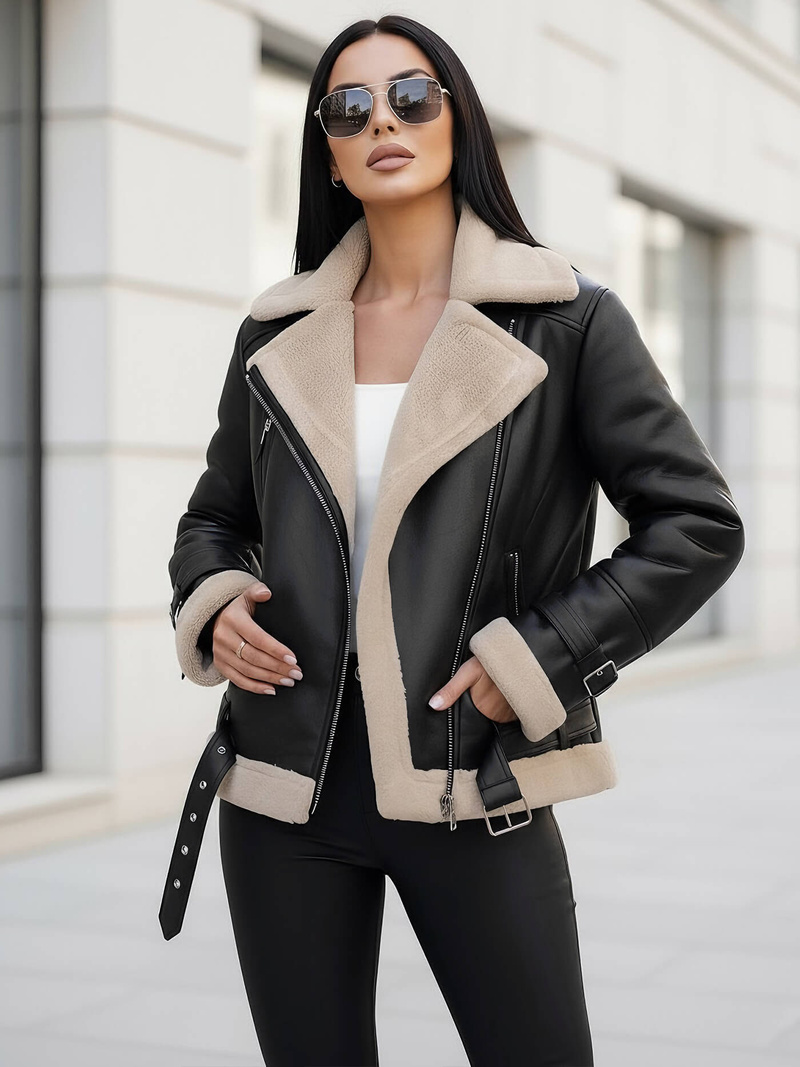 Damen Lederjacke Schwarz-Beige OZONEE JS/11Z8177Z