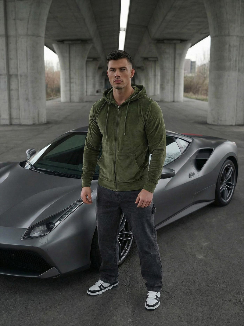 Herren Velours Kapuzenpullover Khaki OZONEE JS/8B1168/29Z