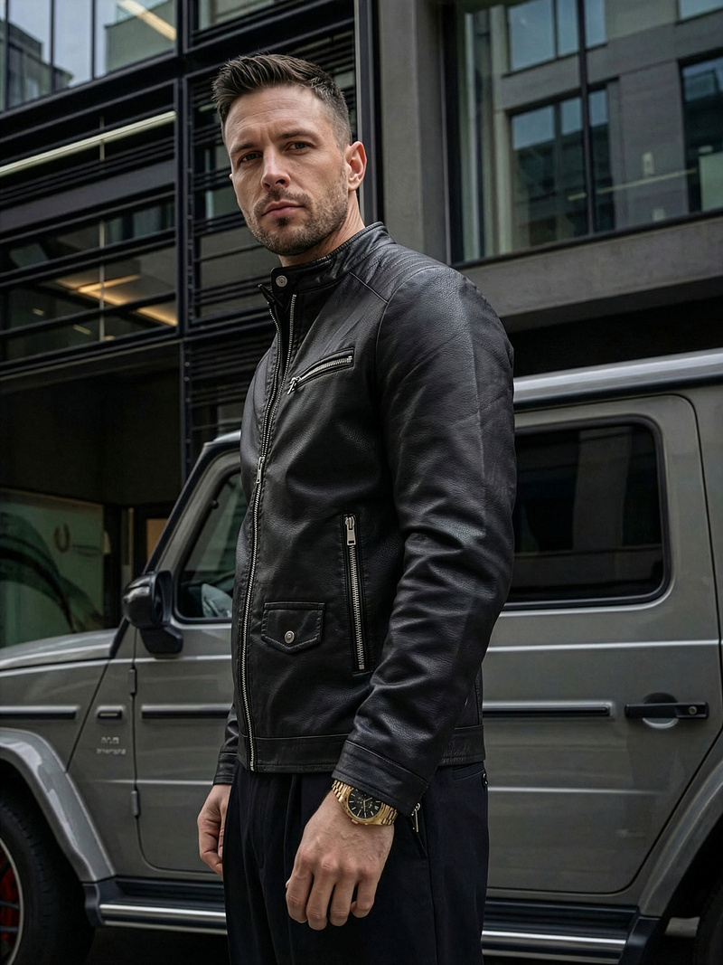 Herren Lederjacke Schwarz OZONEE JS/11Z8021