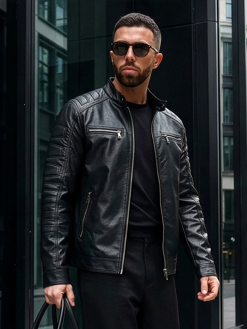 Herren Lederjacke Schwarz OZONEE JS/11Z8138