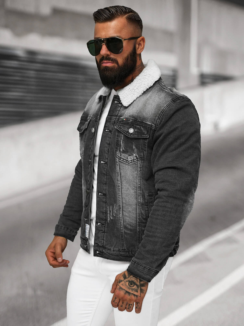 Herren Jeansjacke Sherpa Schwarz OZONEE NB/MJ513N