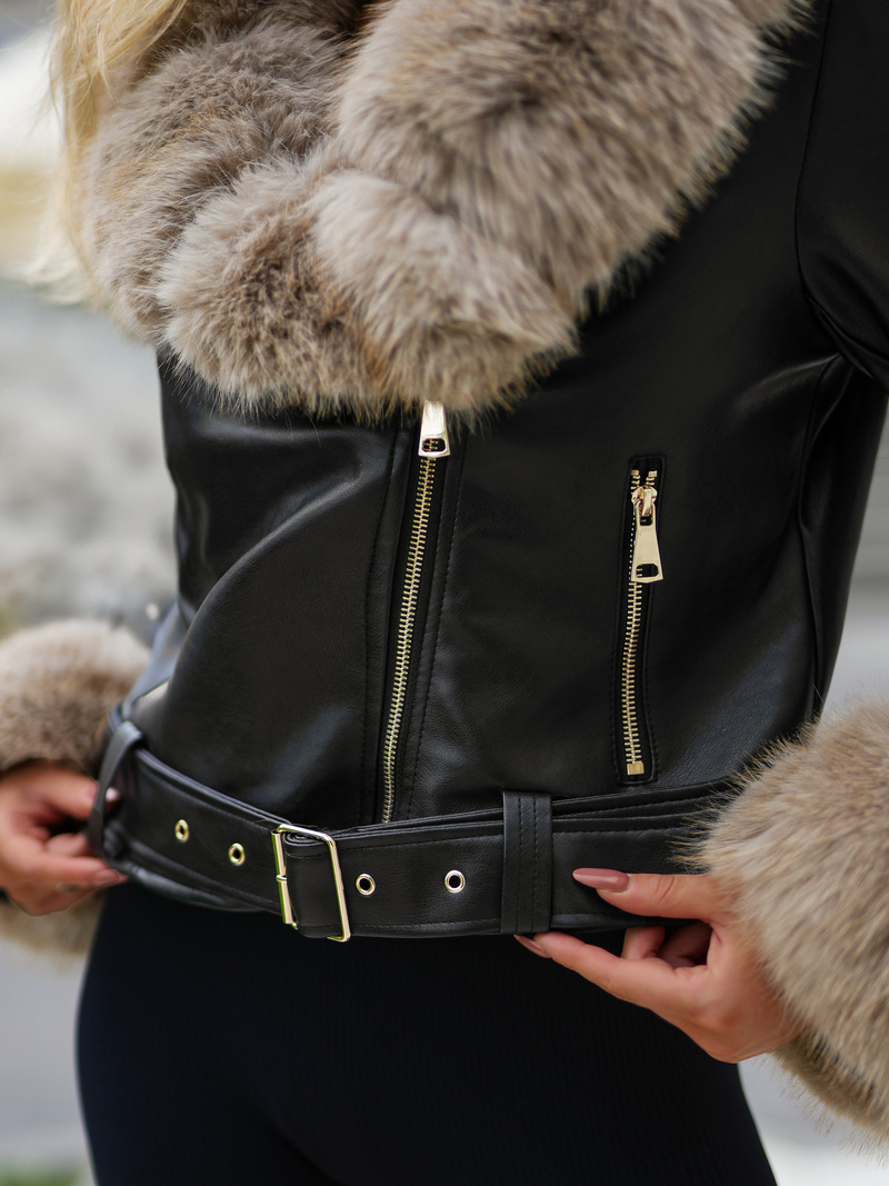 Damen Lederjacke Schwarz-Beige OZONEE JS/61M8511/392B