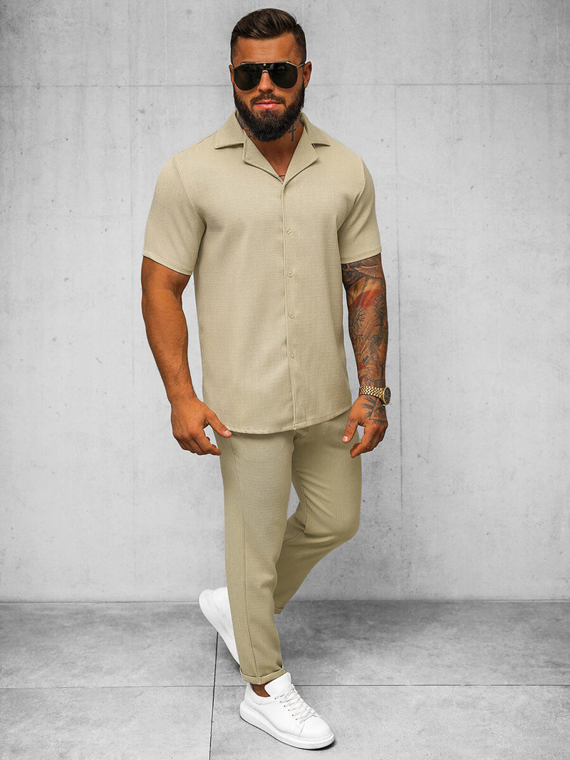 Herren Kurzarmhemd Beige OZONEE O/Y971T