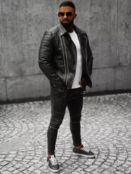 Herren Lederjacke Schwarz OZONEE JS/11Z8005