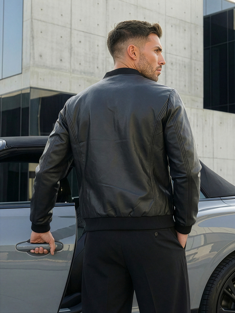 Herren Lederjacke Schwarz OZONEE JS/11Z8015Z