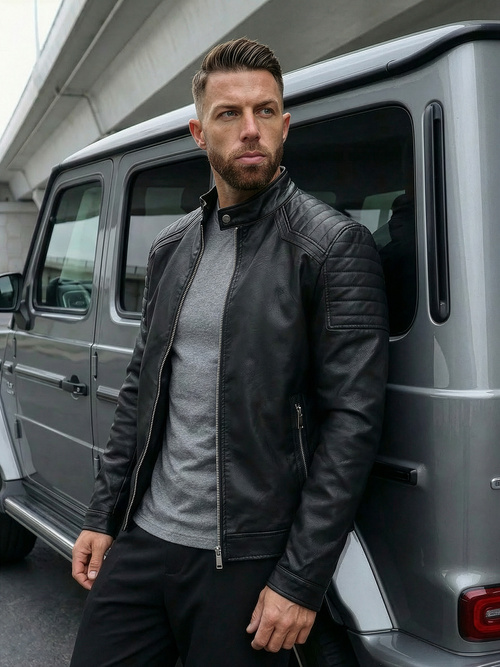 Herren Lederjacke Schwarz OZONEE JS/11Z8139