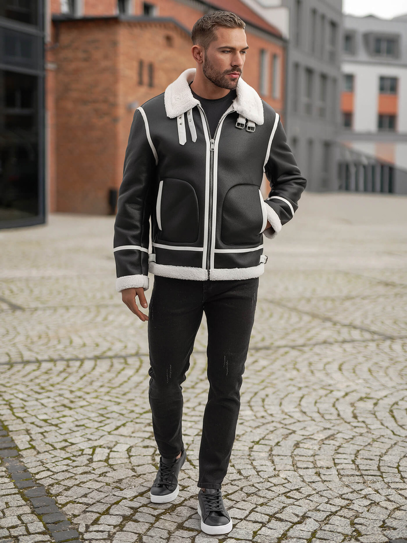 Herren Lederjacke Schwarz OZONEE JS/11Z8270