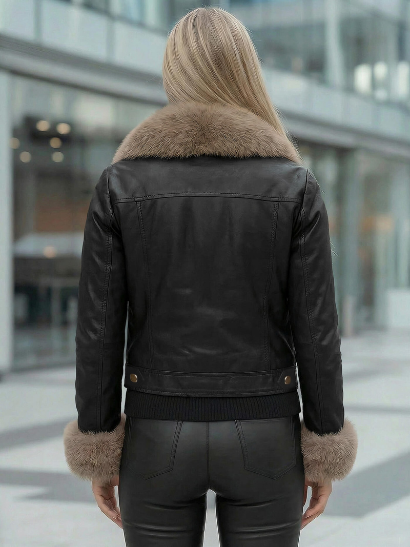 Damen Lederjacke Schwarz-Beige OZONEE JS/61M8513/392B