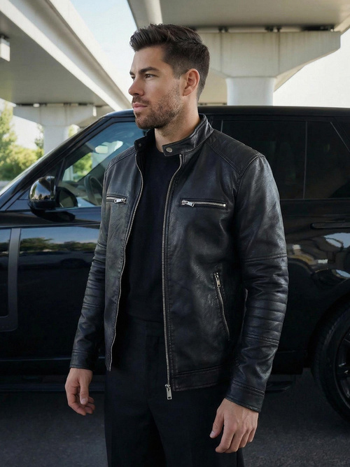 Herren Lederjacke Schwarz OZONEE JS/11Z8066