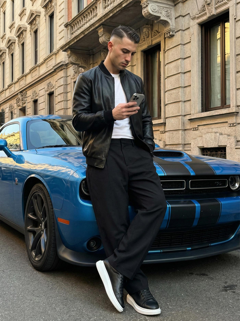 Herren Lederjacke Schwarz OZONEE JS/11Z8105Z