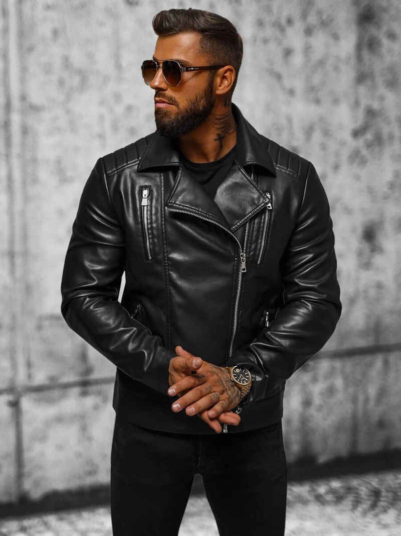 Herren Lederjacke Schwarz OZONEE JS/11Z8056