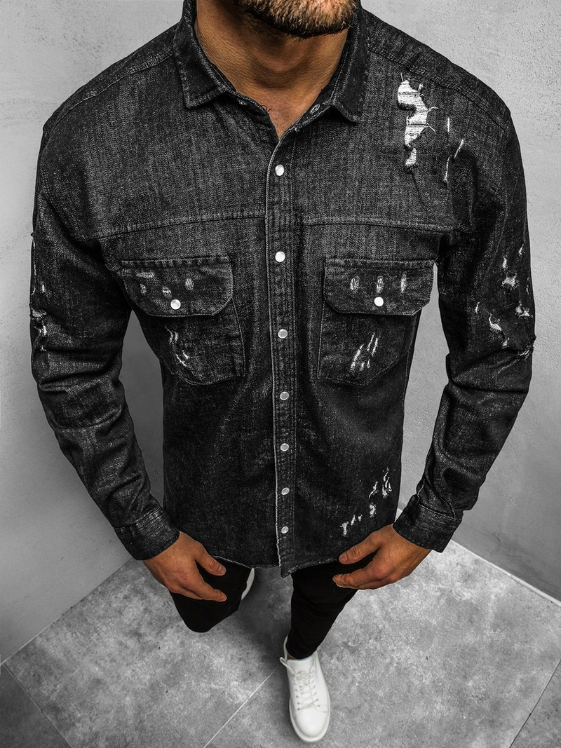 Herren Jeanshemd Schwarz OZONEE O/5811Z