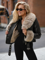 Damen Lederjacke Schwarz-Beige OZONEE JS/61M8511/392B