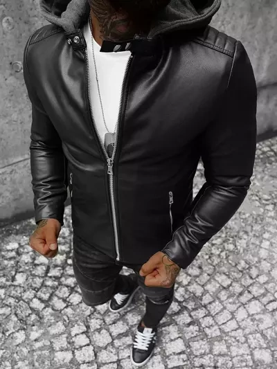Herren Lederjacke Schwarz OZONEE JS/11Z8012