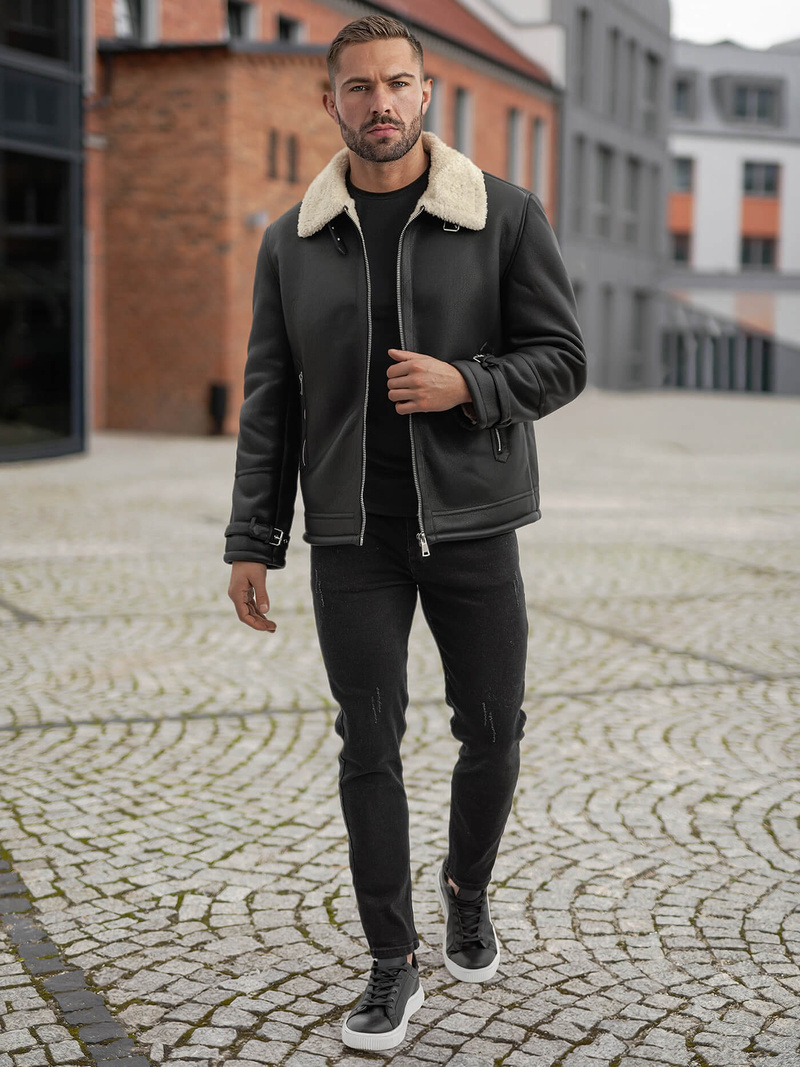 Herren Lederjacke Schwarz OZONEE JS/11Z8271