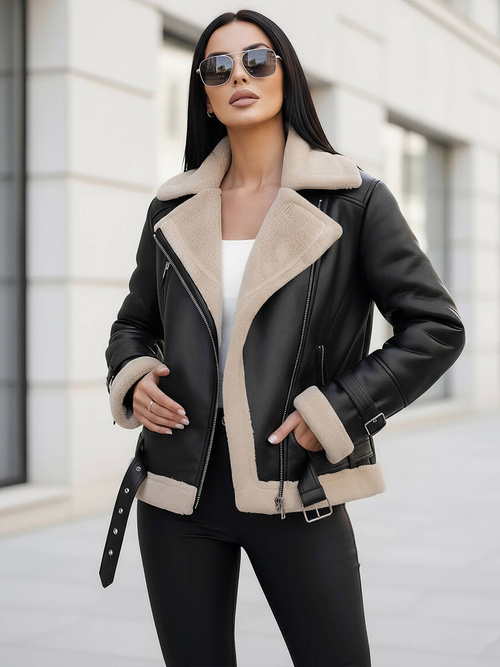 Damen Lederjacke Schwarz-Beige OZONEE JS/11Z8177Z