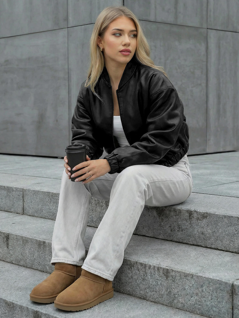 Damen Lederjacke Schwarz OZONEE JS/11Z8281Z