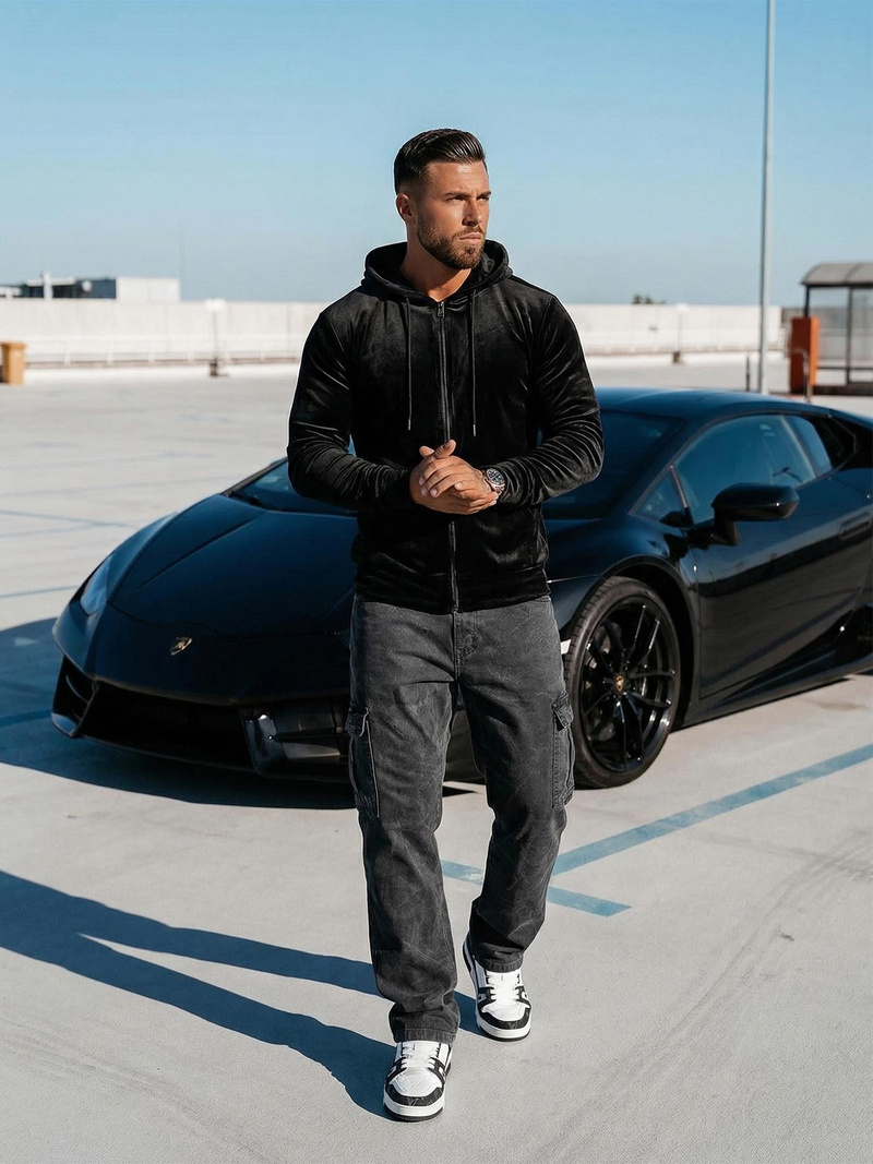 Herren Velours Kapuzenpullover Schwarz OZONEE JS/8B1168/3Z