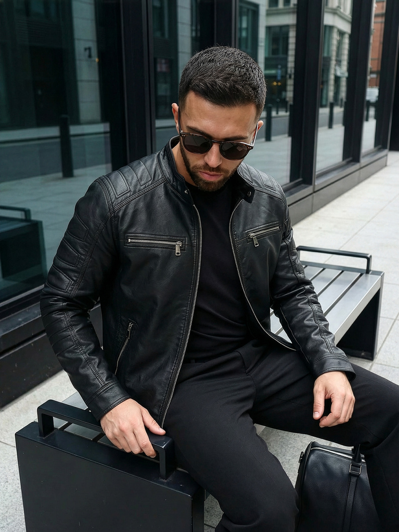 Herren Lederjacke Schwarz OZONEE JS/11Z8138