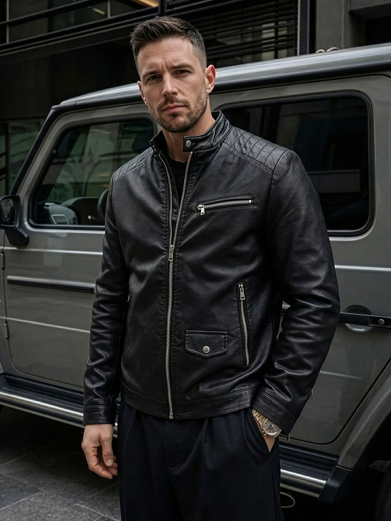 Herren Lederjacke Schwarz OZONEE JS/11Z8021